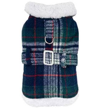 Sherpa-Lined Dog Harness Coat - Blue & Green Plaid