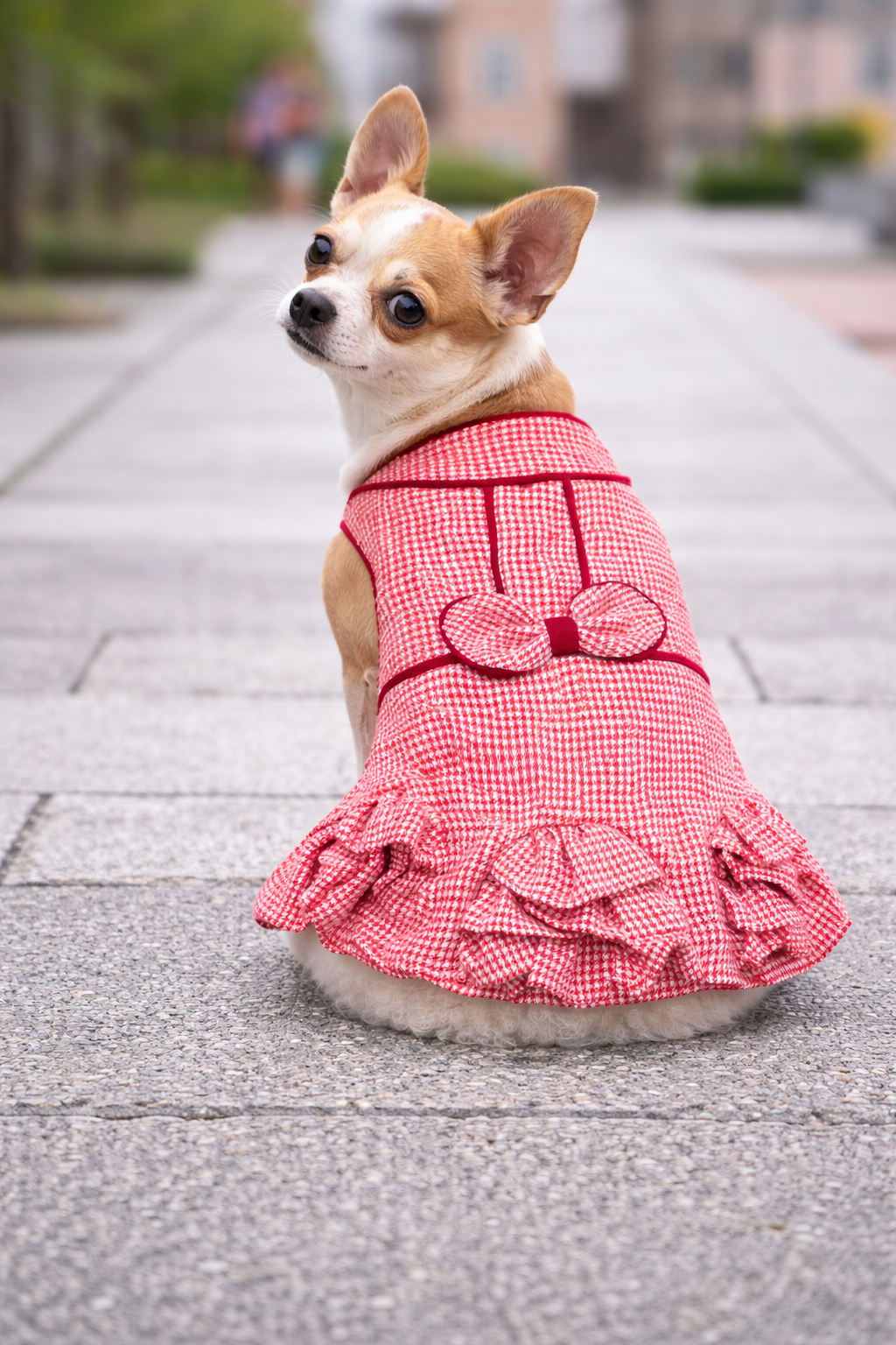 Houndstooth Ruffles Dress - Red