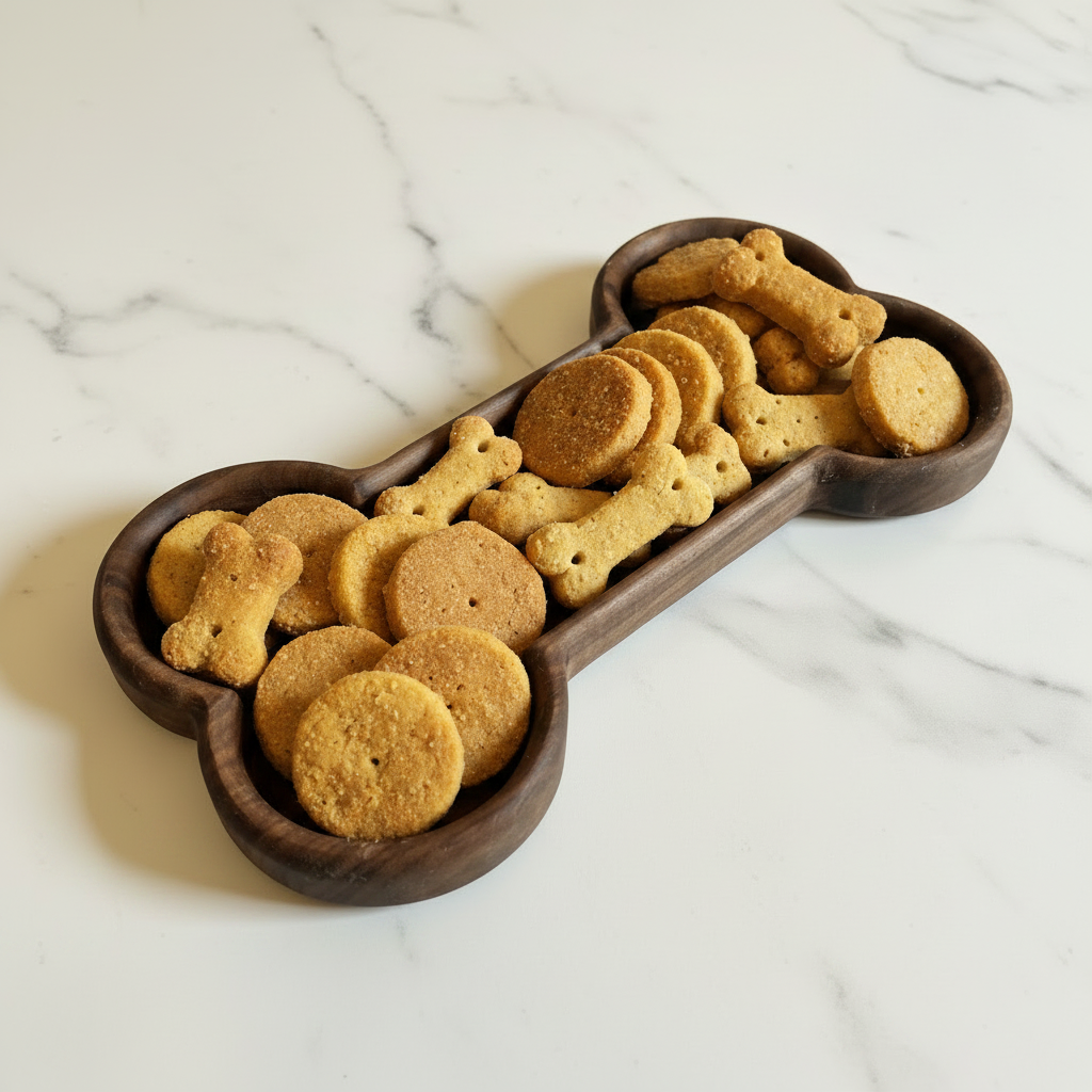 Bone tray with dog treats on marble