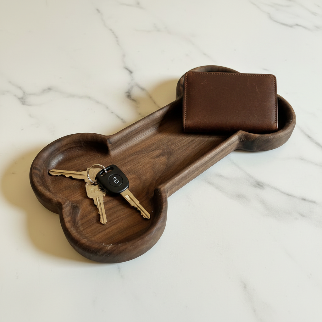 Bone tray with keys and wallet on marble