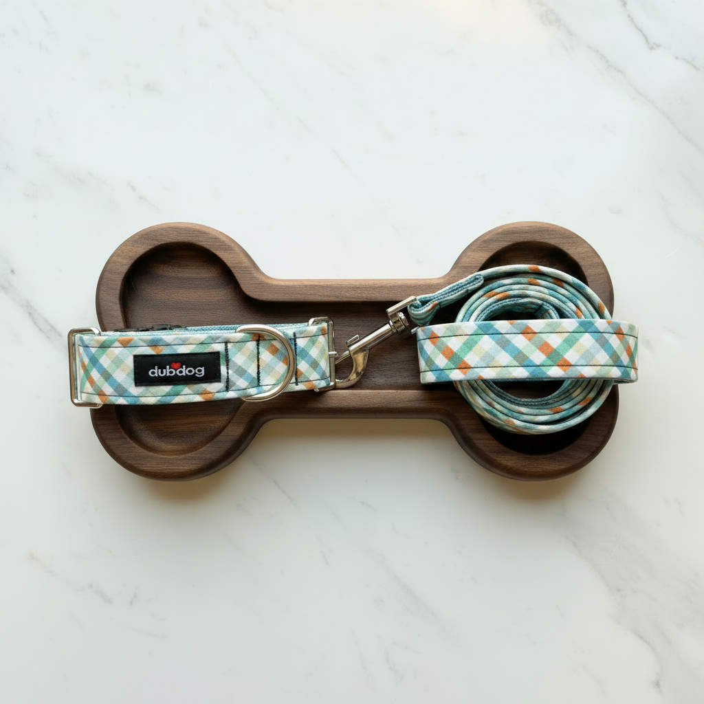 Bone tray with small plaid collar and leash