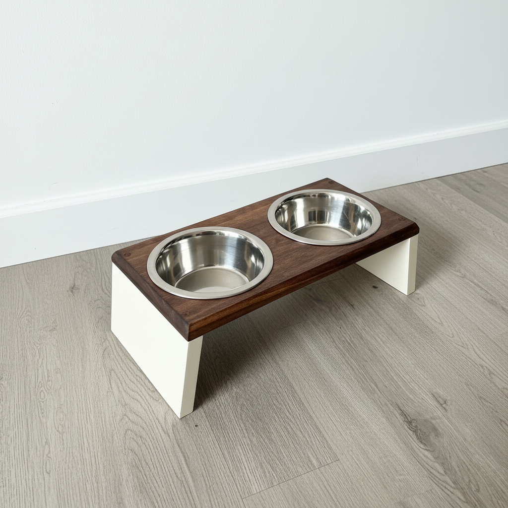 Dark walnut feeding station angled top view