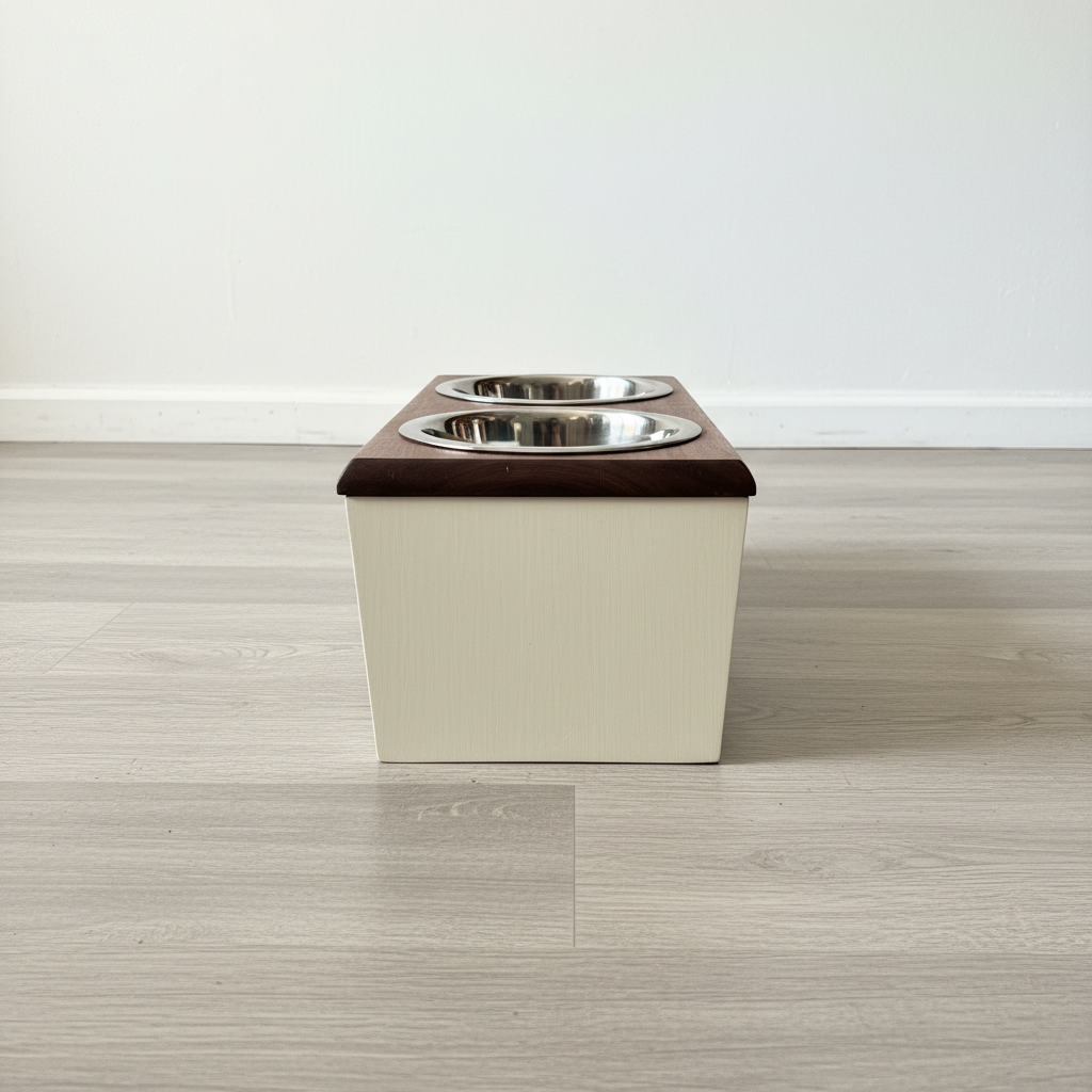 Dark walnut feeding station side view