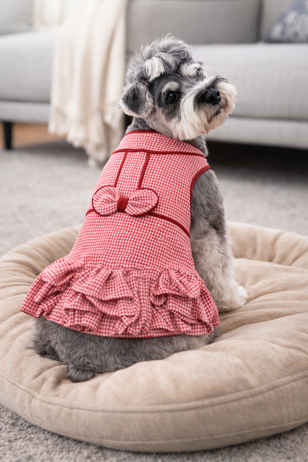 Houndstooth Ruffles Dress - Red