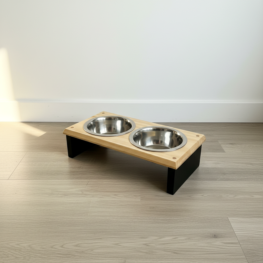 Elevated pet feeding station top-down view clean background