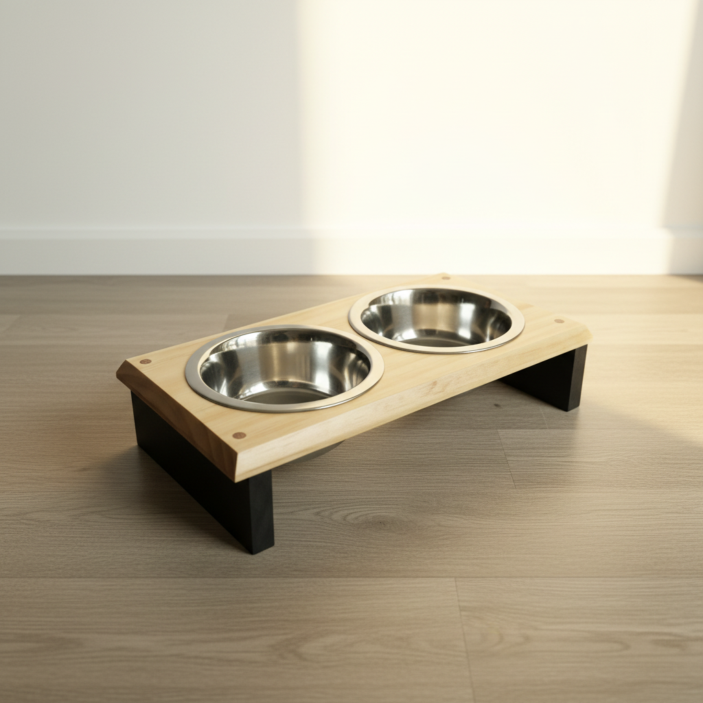 Elevated pet feeding station with attractive background