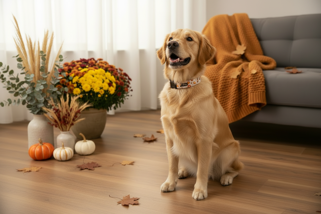 Golden Retriever with Fall Plants and Pumpkins