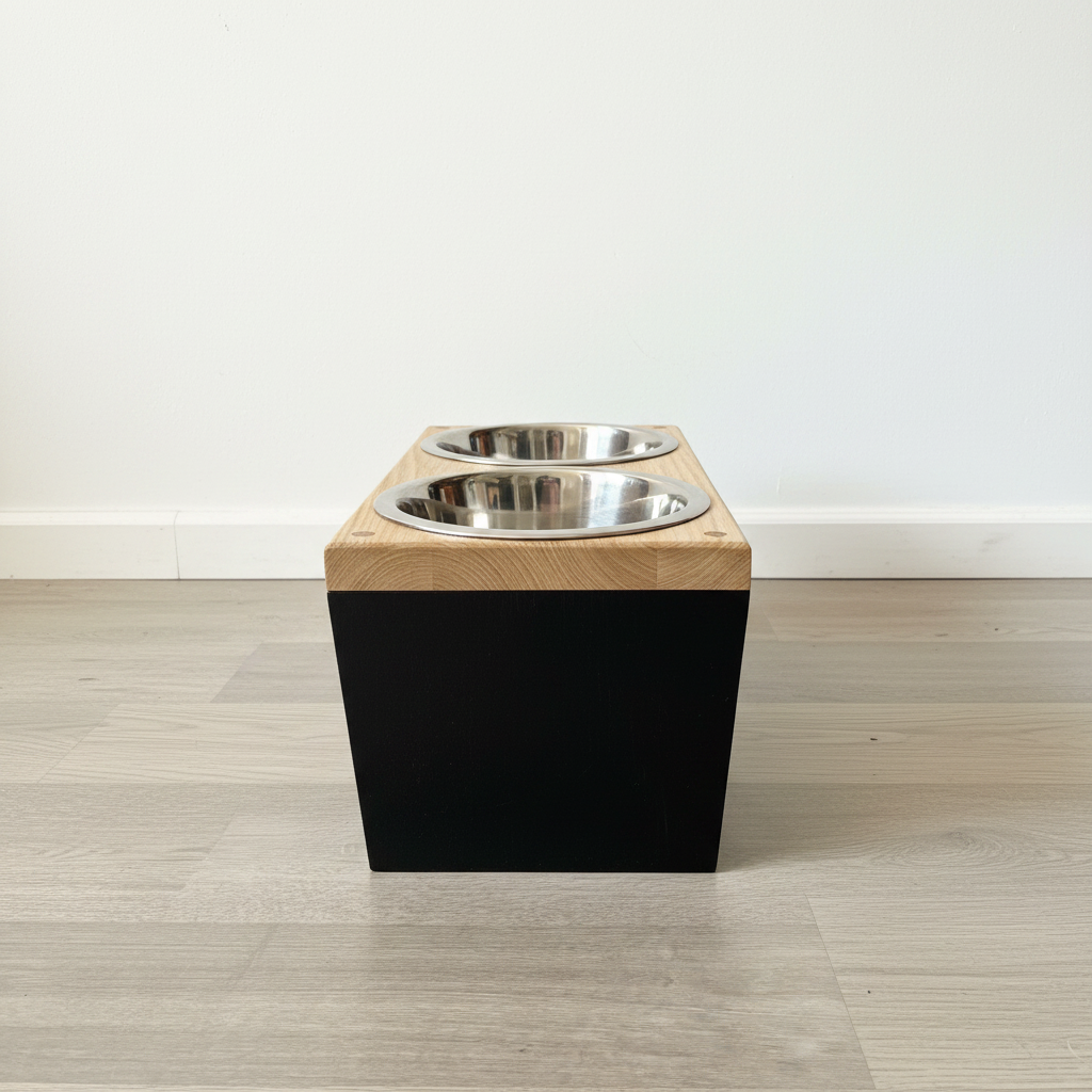Oak and black feeding station side view
