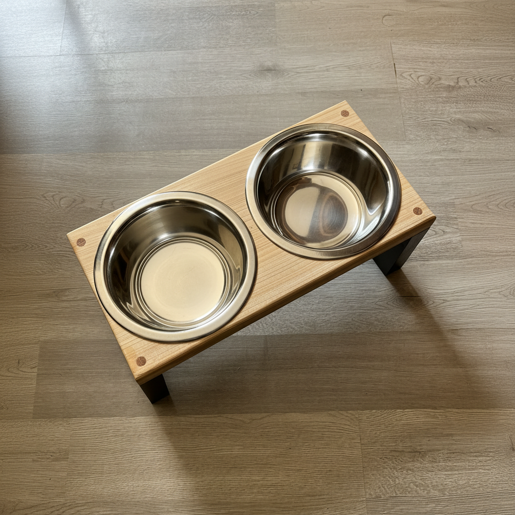 Oak and black feeding station top-down view
