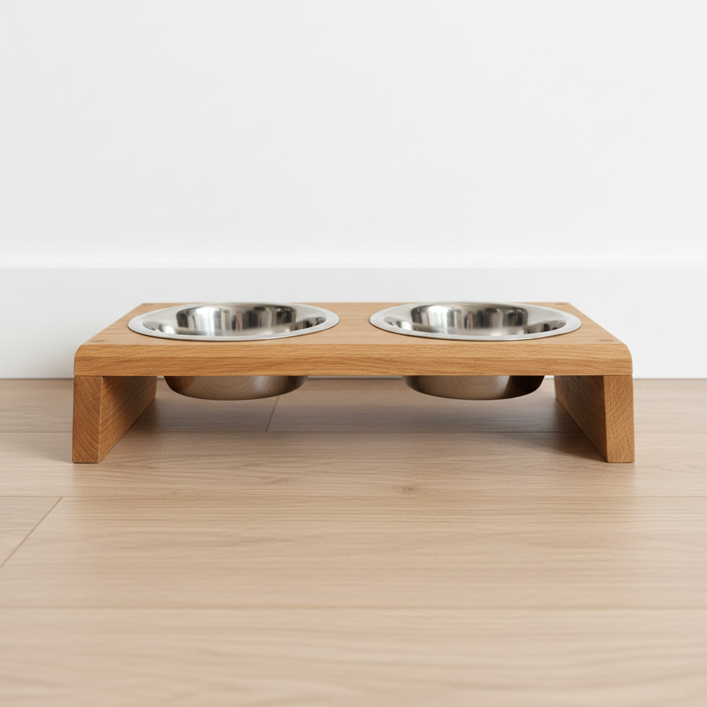 Oak pet feeding station front view clean background