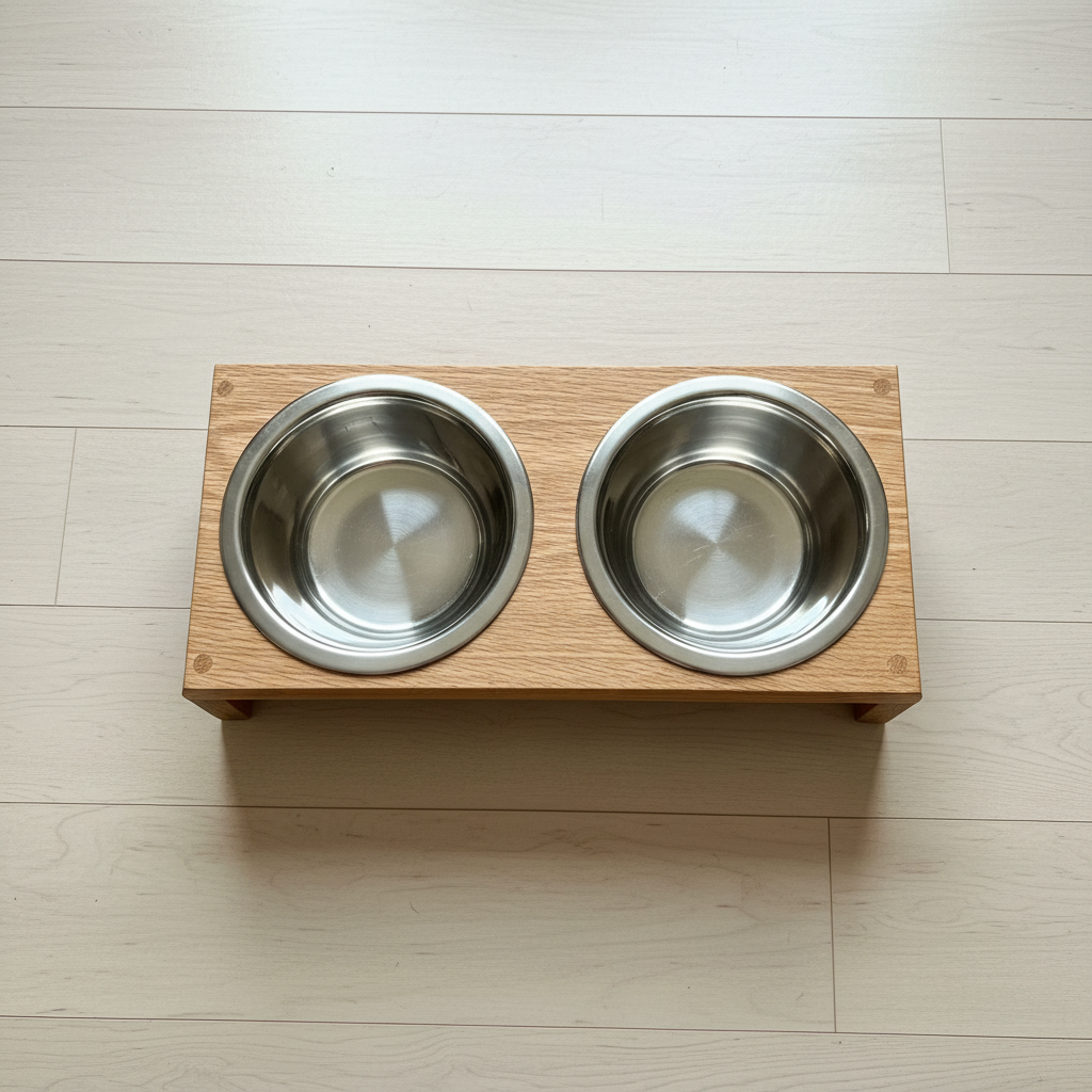 Oak pet feeding station top-down clean background