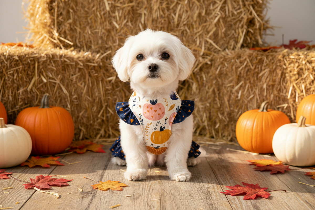 Small Dog in Pretty Pumpkins Dress with Fall Harvest Background