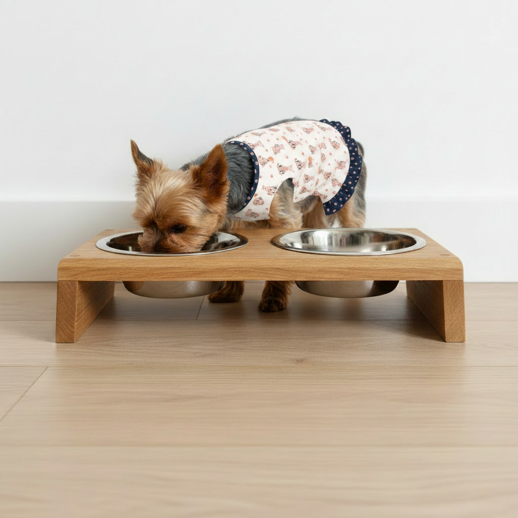 Yorkie in Petal Pals ruffle dress at feeding station